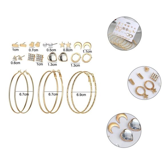 🔥12 Pair 14k Gold Plated Geometric Crystal Stud Earring Set Mix for Women, F271 - Picture 4 of 6